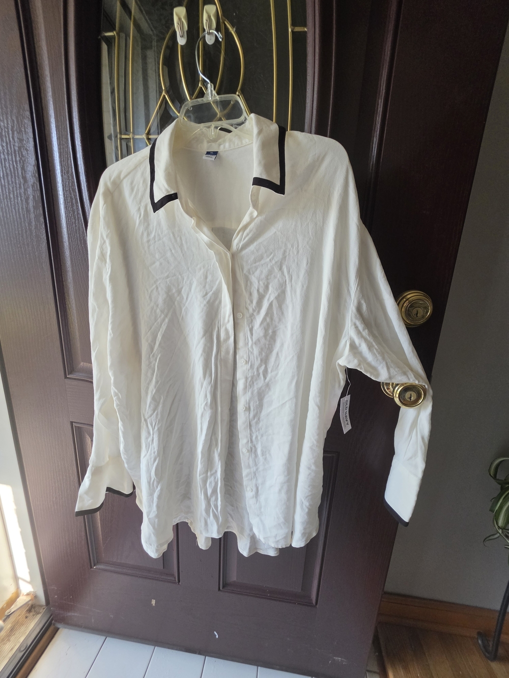Old Navy Cream Button-Up Blouse with Black Trim